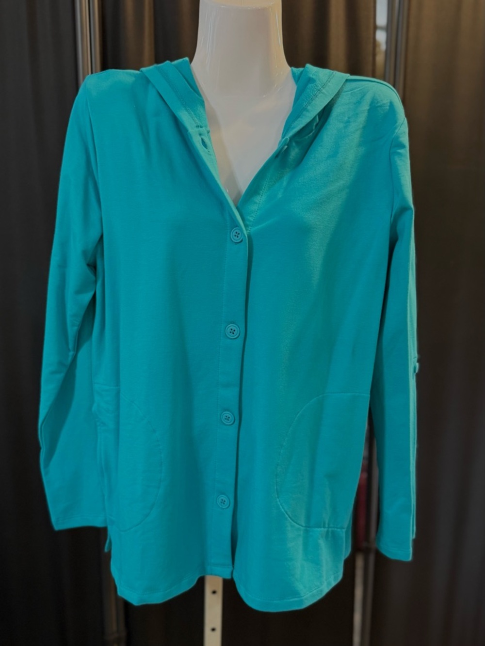 Denim & Co Beach French Terry Roll Tab Sleeve Hooded Jacket Bright Aqua Small